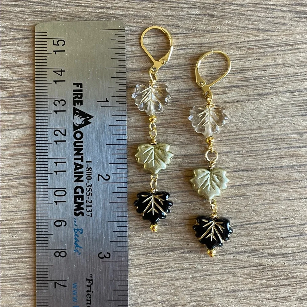 HAND CRAFTED FALLING LEAVES DANGLE EARRINGS Gold Black Clear Autumn Cottagecore